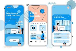 Cyber security concept onboarding screens for mobile app templates. Personal data protection system on Internet. UI, UX, GUI user interface kit with people scenes for web design. Vector illustration
