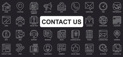 Contact us concept simple line icons set. Bundle of location, subscribe, partnership, link, email, online help, info, support and other. Vector pack outline symbols for website or mobile app design