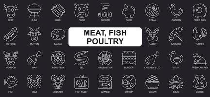 Meat, fish and poultry concept simple line icons set. Bundle of beef, bbq, pork, chicken, hot dog, sausage, burger, shrimp, crab and other. Vector pack outline symbols for website or mobile app design