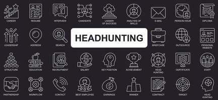 concepto de headhunting conjunto de iconos de línea simple. paquete de carrera, curriculum vitae, entrevista, candidato, análisis, liderazgo, contratación y otros. símbolos de esquema de paquete de vectores para el diseño de sitios web o aplicaciones móviles