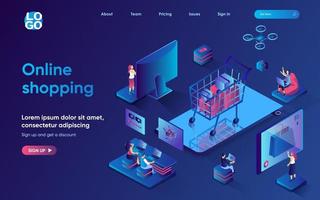 Online shopping concept isometric landing page. Customers select products on store website, ordering and pay for purchase, 3d web banner template. Vector illustration with people scene in flat design