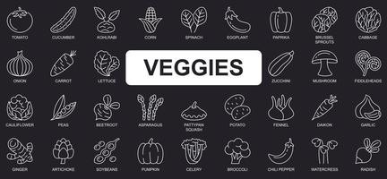 Veggies concept simple line icons set. Bundle of tomato, cucumber, spinach, eggplant, cabbage, onion, carrot, pumpkin, beetroot and other. Vector pack outline symbols for website or mobile app design