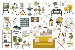 Scandinavian interior collection in flat design. Cozy furniture, sofa, armchairs, tables, houseplants, cute cats, lamps, decor and others isolated elements set. Vector illustration. Hand drawn style.