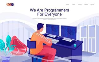 Programmers concept isometric landing page. Developer works on computers, coding code and creates software, 3d web banner with people scene. Vector illustration in flat design for website template