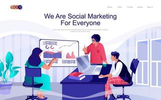 Social marketing concept isometric landing page. People work with data, analyze statistics, making online business promotion, 3d web banner. Vector illustration in flat design for website template