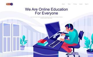 Online education concept isometric landing page. Student watches video lesson, remote learning from home, 3d web banner with people scene. Vector illustration in flat design for website template
