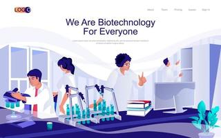 Página de inicio isométrica del concepto de biotecnología. personas que trabajan con microscopios y realizan investigaciones o pruebas en el laboratorio de ciencias, banner web 3d. ilustración vectorial en diseño plano para plantilla de sitio web vector