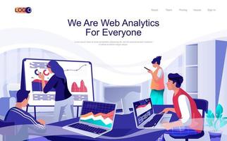 Web analytics concept isometric landing page. People analyzing financial data at charts and diagrams, business management, 3d web banner. Vector illustration in flat design for website template