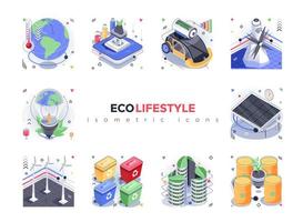Eco lifestyle isometric icons set. Global climate change, alternative energy sources, waste sorting and recycling, nature conservation 3d isometry isolated pack. Vector illustration isometric elements