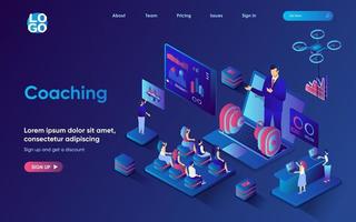 Coaching concept isometric landing page. Team listen to coach at business training, professional development specialist, 3d web banner template. Vector illustration with people scene in flat design