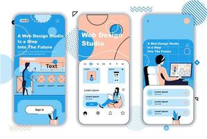 Web design studio concept onboarding screens for mobile app templates. Designers drawing elements for layout. UI, UX, GUI user interface kit with people scenes for web design. Vector illustration