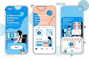 Cryptocurrency marketplace concept onboarding screens for mobile app templates. Blockchain, bitcoin mining farm. UI, UX, GUI user interface kit with people scenes for web design. Vector illustration