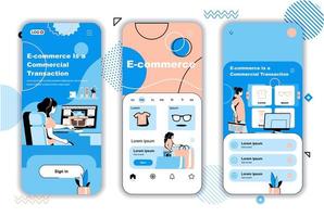 E-commerce concept onboarding screens for mobile app templates. Customers shopping and paying at website of store. UI, UX, GUI user interface kit with people scenes for web design. Vector illustration