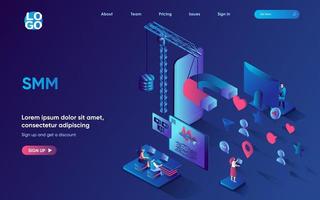 Smm concept isometric landing page. Team analyzes data and develops an online business strategy, social media marketing 3d web banner template. Vector illustration with people scene in flat design