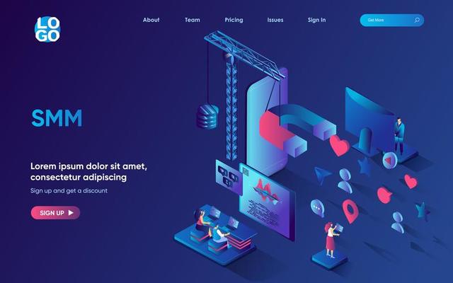 Smm concept isometric landing page. Team analyzes data and develops an online business strategy, social media marketing 3d web banner template. Vector illustration with people scene in flat design