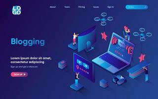 Blogging concept isometric landing page. Team create content for online blog, posting videos, collects likes and rating, 3d web banner template. Vector illustration with people scene in flat design