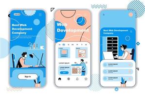 Web development concept onboarding screens for mobile app templates. Developers team create and optimize layout. UI, UX, GUI user interface kit with people scenes for web design. Vector illustration