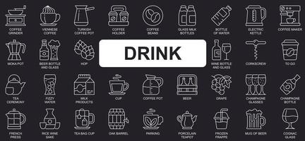 Drink concept simple line icons set. Bundle of coffee, turkish pot, beans, milk, wine, tea ceremony, beer, champagne, cognac and other. Vector pack outline symbols for website or mobile app design