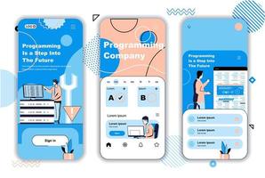 Programming company concept onboarding screens for mobile app templates. Software development, job in IT industry. UI, UX, GUI user interface kit with people scenes for web design. Vector illustration