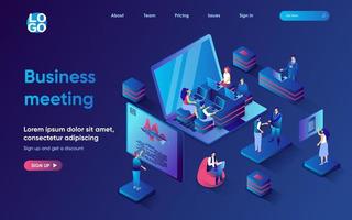 Business meeting concept isometric landing page. Team discuss work tasks at conference, consulting ana teamwork management, 3d web banner template. Vector illustration with people scene in flat design