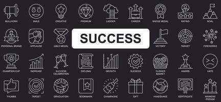 Success concept simple line icons set. Bundle of creative, premium, ladder, career, rating, goal, champion cup, growth, victory and other. Vector pack outline symbols for website or mobile app design