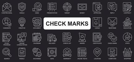 Check marks concept simple line icons set. Bundle of email, shield, hand, presentation, target, money, approved, reply, contract and other. Vector pack outline symbols for website or mobile app design