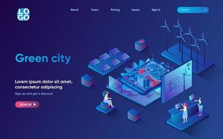 Green city concept isometric landing page. Citizens living and using renewable energy from wind turbines and solar panels, 3d web banner template. Vector illustration with people scene in flat design