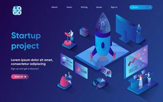 Startup project concept isometric landing page. Team creates and launches new project, analyzes and promotes business, 3d web banner template. Vector illustration with people scene in flat design