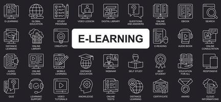 E-learning concept simple line icons set. Bundle of global education, study program, video lesson, digital library, webinar and other. Vector pack outline symbols for website or mobile app design