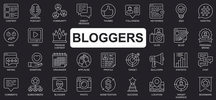 concepto de bloggers conjunto de iconos de línea simple. paquete de contenido, podcast, comentario, seguidores, marca personal, calificación, donación, objetivo y otros. símbolos de esquema de paquete de vectores para el diseño de sitios web o aplicaciones móviles