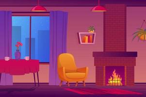 Living room with fireplace interior concept in flat cartoon design. Apartment view with fireplace, armchair, table with cups, window with curtains, bookshelf, decor. Vector illustration background