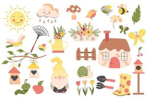 Gardening and Spring collection in flat design. House and fence, garden gnome, rubber boots, tools, flower bouquets, birds, sun and others isolated elements set. Vector illustration. Hand drawn style.