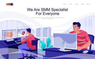 SMM specialist concept isometric landing page. People working at computers, create content and making in online promotion, 3d web banner. Vector illustration in flat design for website template