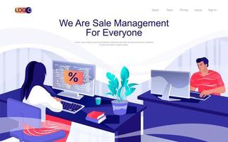 Sale management concept isometric landing page. People work at computers, analyze financial statistics, marketing and consulting, 3d web banner. Vector illustration in flat design for website template