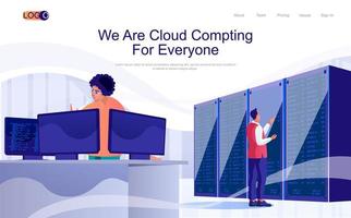 Cloud computing concept isometric landing page. People working in tech support in data center racks room, data storage, hosting, 3d web banner. Vector illustration in flat design for website template