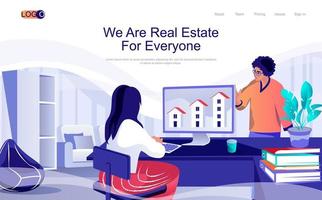 Real estate concept isometric landing page. People choose houses for rent or purchase, realtor sells housing to future owner, 3d web banner. Vector illustration in flat design for website template