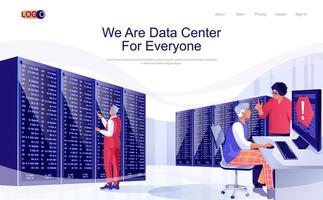 Data center concept isometric landing page. People work in hardware room racks, engineers maintain server room, database service, 3d web banner. Vector illustration in flat design for website template