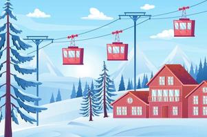 Ski resort with cable car view concept in flat cartoon design. Holiday cottages, winter forest with fir trees, snowy mountains, cableway cabins lifting. Natural scenery. Vector illustration background