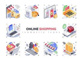 Online shopping isometric icons set. Choosing and paying for goods on websites stores, worldwide e-commerce, home delivery service, 3d isometry isolated pack. Vector illustration isometric elements