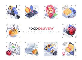 Food delivery isometric icons set. Fast shipping service, online ordering of pizza and parcels, tracking couriers in application, 3d isometry isolated pack. Vector illustration isometric elements