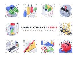 Unemployment and crisis isometric icons set. Job loss, dismissal, looking for new job, loss of money and savings, bankruptcy, 3d isometry isolated pack. Vector illustration isometric elements