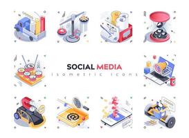 Social media isometric icons set. Content creation and publication, attracting new audience, digital marketing, likes and following, 3d isometry isolated pack. Vector illustration isometric elements