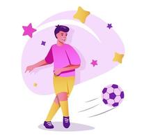 Football player flat character concept for web design. Man in sports uniform runs and hits ball, soccer championship, modern people scene. Vector illustration for social media promotional materials.