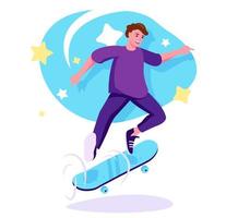 Skateboarder flat character concept for web design. Happy man skater riding skateboard, urban extreme sport activity, modern people scene. Vector illustration for social media promotional materials.