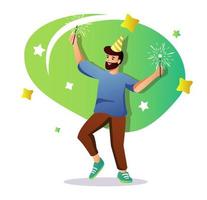 Man at party flat character concept for web design. Happy guy in festive hat holds sparklers and having fun on holiday, modern people scene. Vector illustration for social media promotional materials.