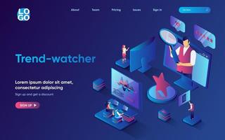 Trend-watcher concept isometric landing page. Team making marketing research of new trends and content, analyzes data, 3d web banner template. Vector illustration with people scene in flat design