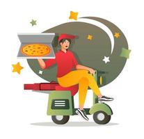 concepto de personaje plano de entrega de pizza para diseño web. Mensajero de hombre que entrega el paquete por scooter, envío rápido a casa, escena de gente moderna. ilustración vectorial para materiales promocionales de redes sociales. vector