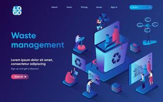 Waste management concept isometric landing page. Sorting of different types of trash, reuse and recycling of garbage, 3d web banner template. Vector illustration with people scene in flat design