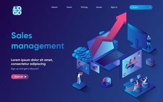 Sales management concept isometric landing page. Team analyzes financial data, develops successful marketing strategy, 3d web banner template. Vector illustration with people scene in flat design