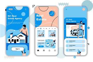 Real estate concept onboarding screens for mobile app templates. Buying and selling housing, building houses. UI, UX, GUI user interface kit with people scenes for web design. Vector illustration